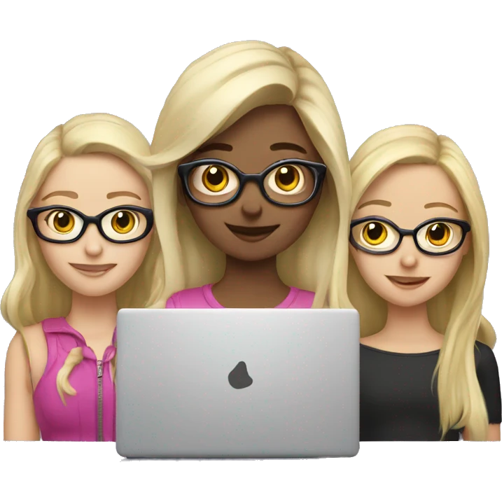 3 blonde girls,  one with glasses looking at a laptop emoji