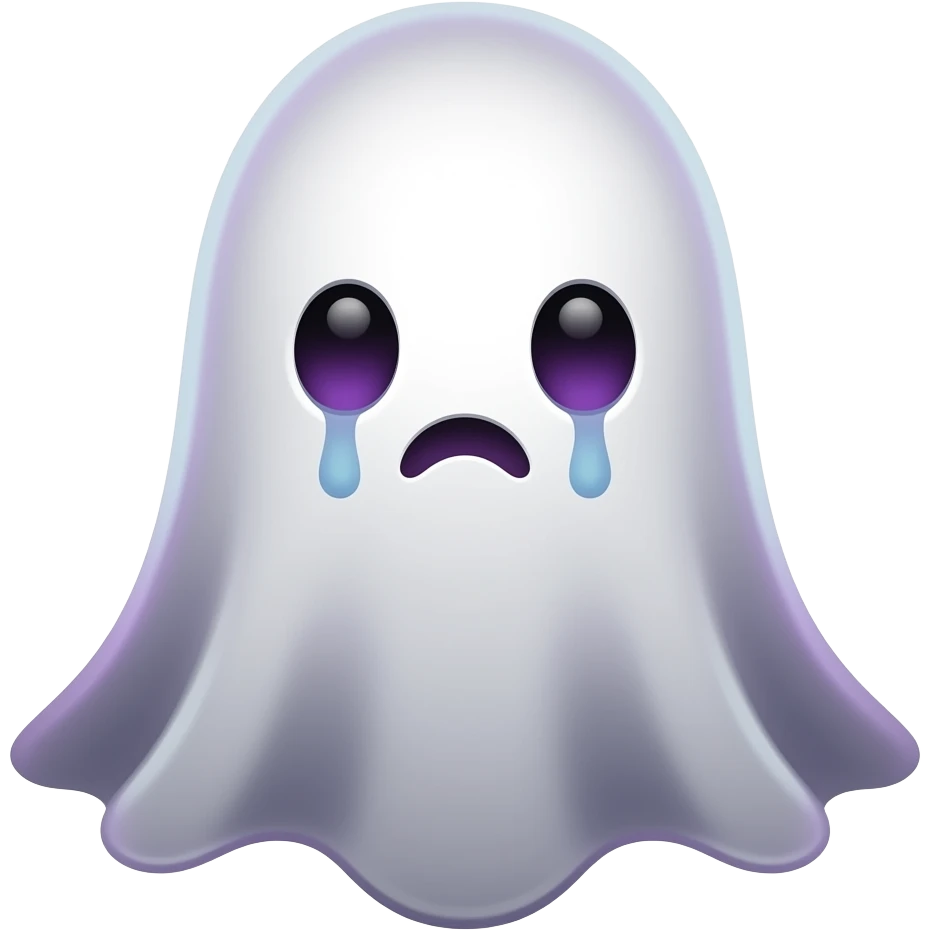 Minimalist custom emoji of a small melancholic ghost, soft expression, semi-transparent, subtle glow, faint heart or mist around it, black/white/purple palette with neon touch, clean lines, centered, transparent background. emoji