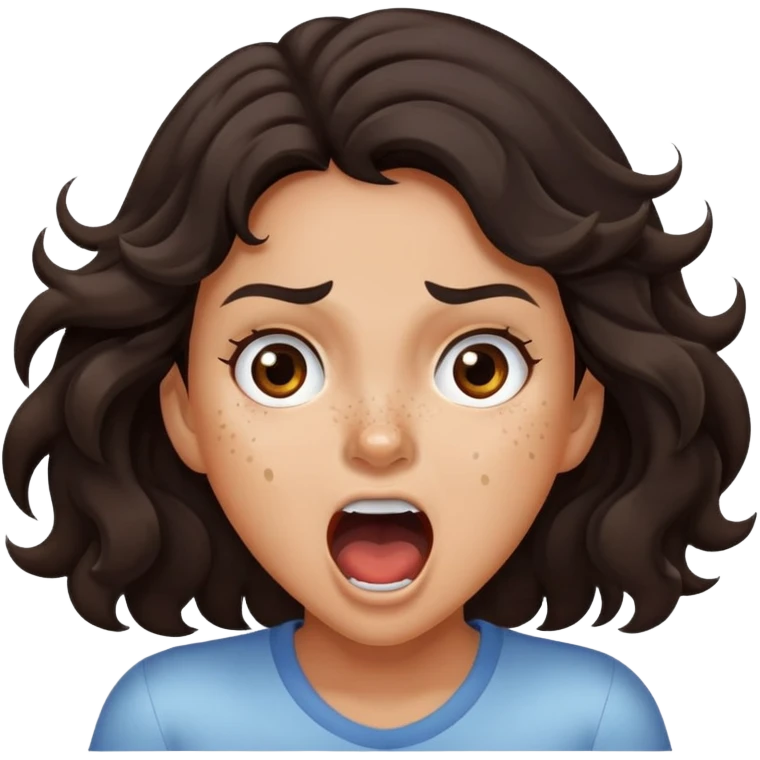 girl very dark brown wavy hair freckles tan skin color brown eyes screaming emoji