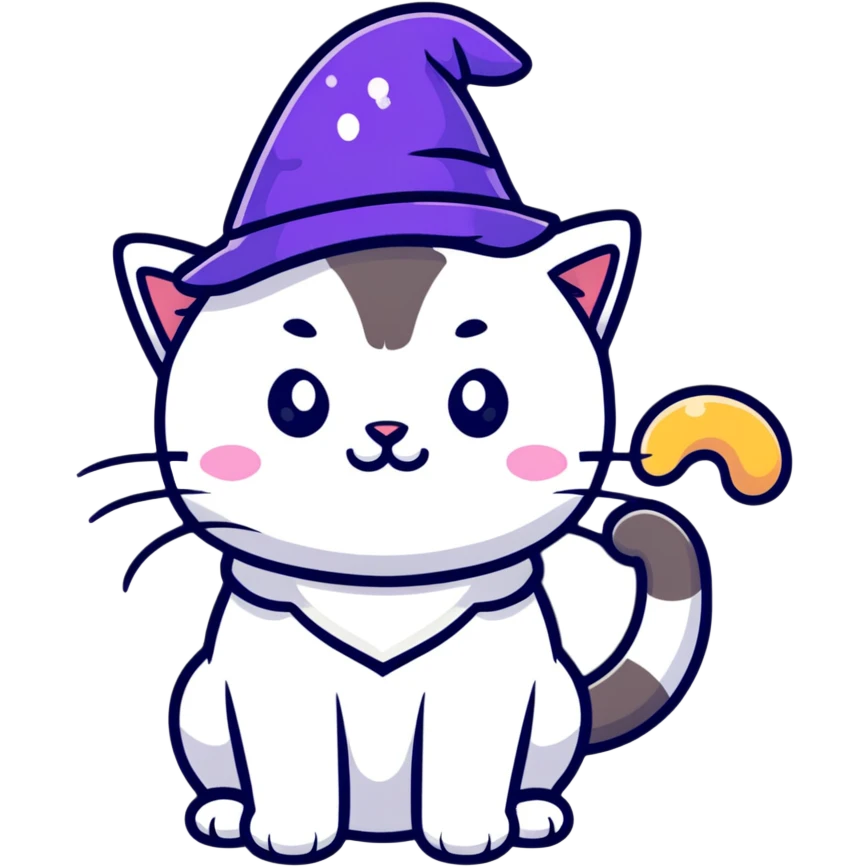 cute magical cat with wizard hat and sparkles emoji