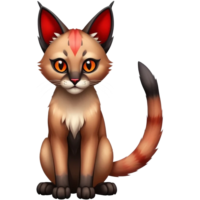 Gothic exotic Red and black and edgy and cute shiny Fantasy-Siamese-Bobcat-Caracal-Lykoi-feline-Fakémon-feline-hybrid (full body) emoji