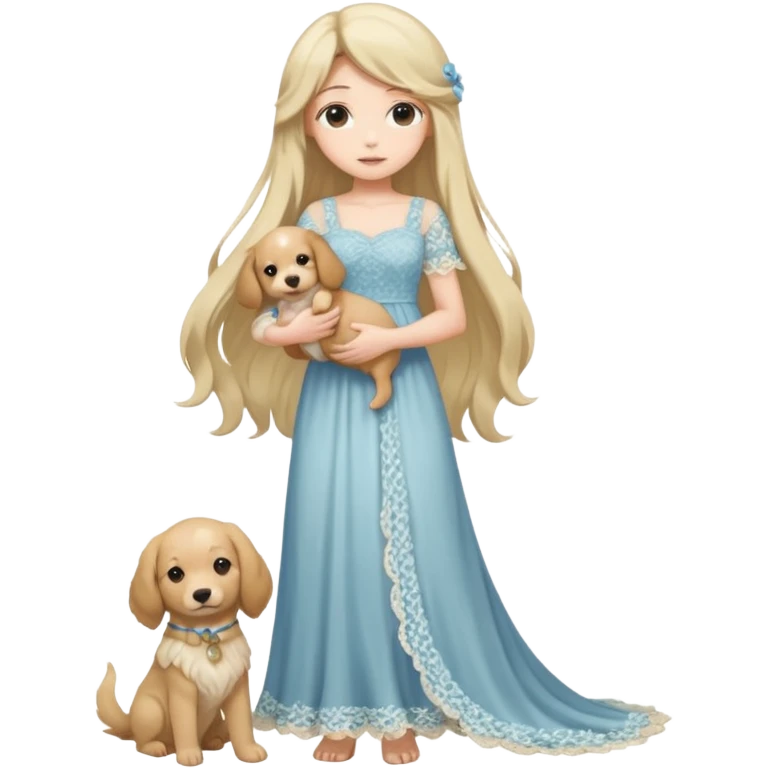 Pastel anime lady long hair with long lace dress full body holding puppy emoji