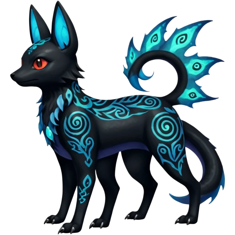 Shiny Fiery Dark Ugly Evil Realisitc Glowing Eldritch Horror Cool Edgy Badass Emo Glorious Demonic Batty Punky Aural Iridescent Fluorescent Bioluminescent Umbreon-Amaura-Salandit-Litten-Flareon-Fakémon-fusion (full body) with intricate pattern markings emoji