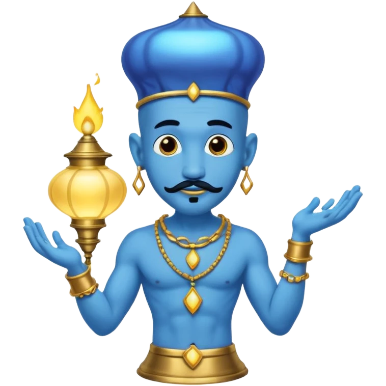 Blue skinned genie with a black goatee and gold bracelets coming out of a lamp from Aladdin  emoji