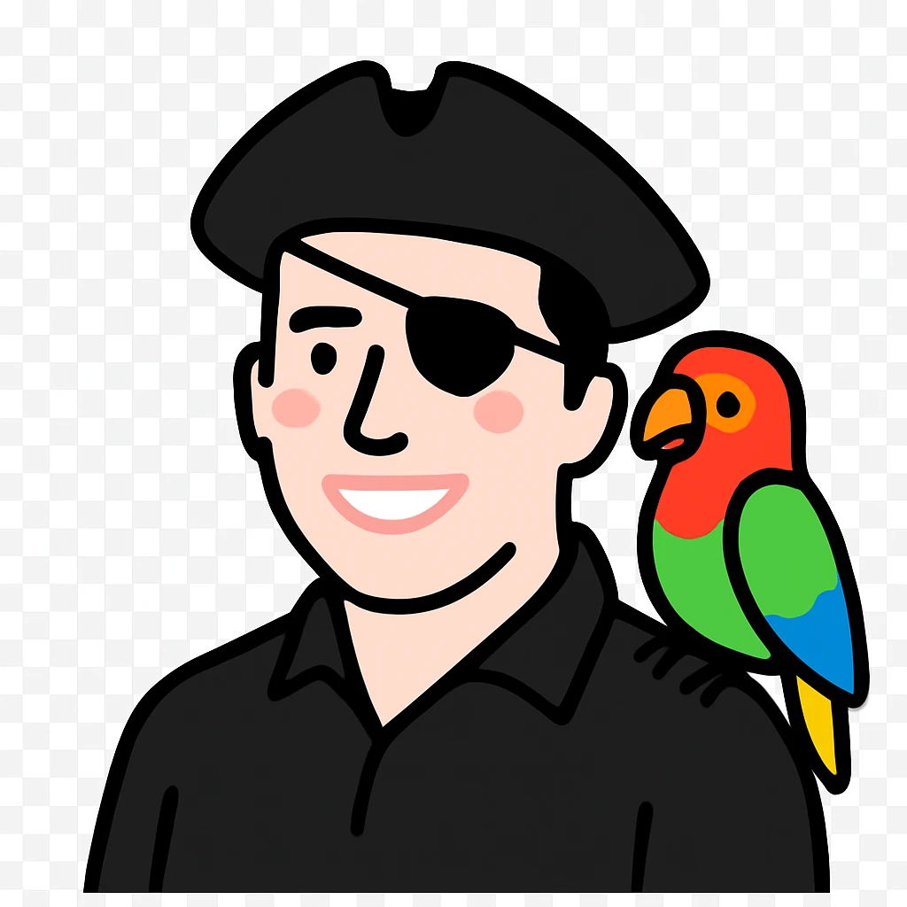 smiling pirate avatar with eye patch and colorful parrot emoji