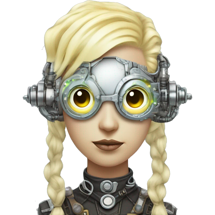 Pastel light yellow hair female cyborg head with silver steampunk goggles, goatee and circuits emoji