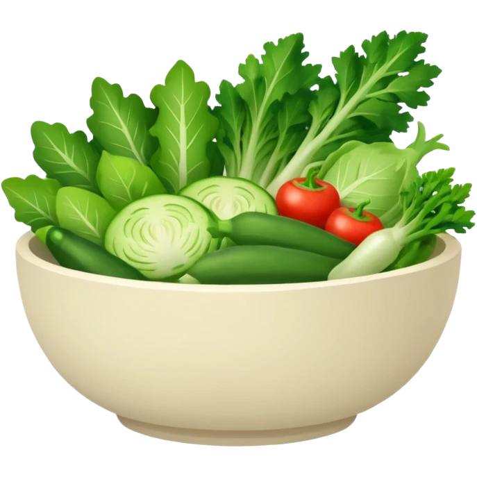 Healthy home cooking humanless avatar in clean style vibrant illustration. Fresh vegetables bowl, green tones, simple shapes, flat design, friendly and light. emoji