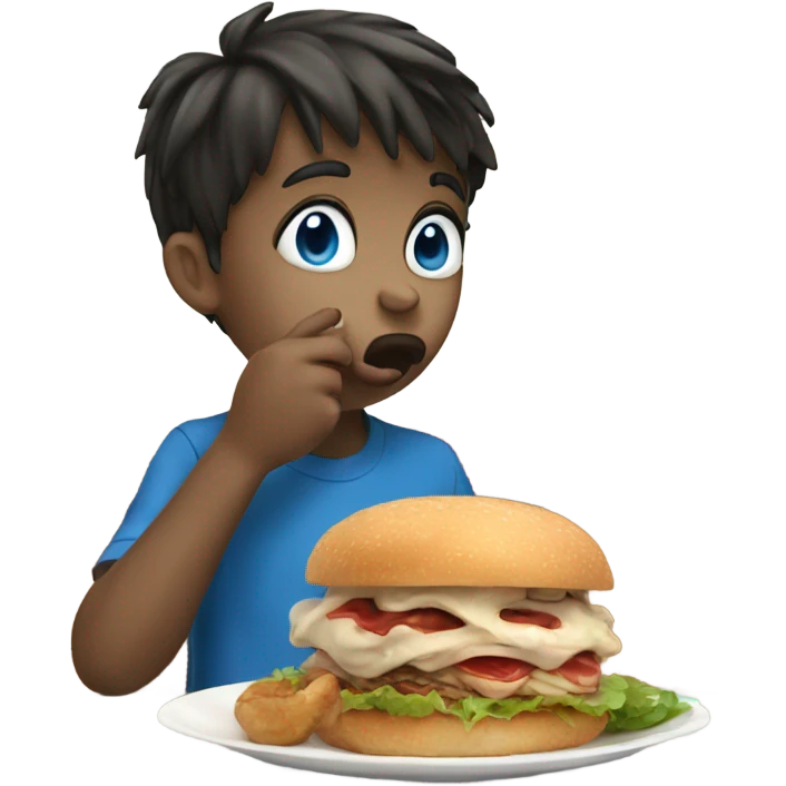 boy licking food with blue eyes. His hand is signing to stop  emoji