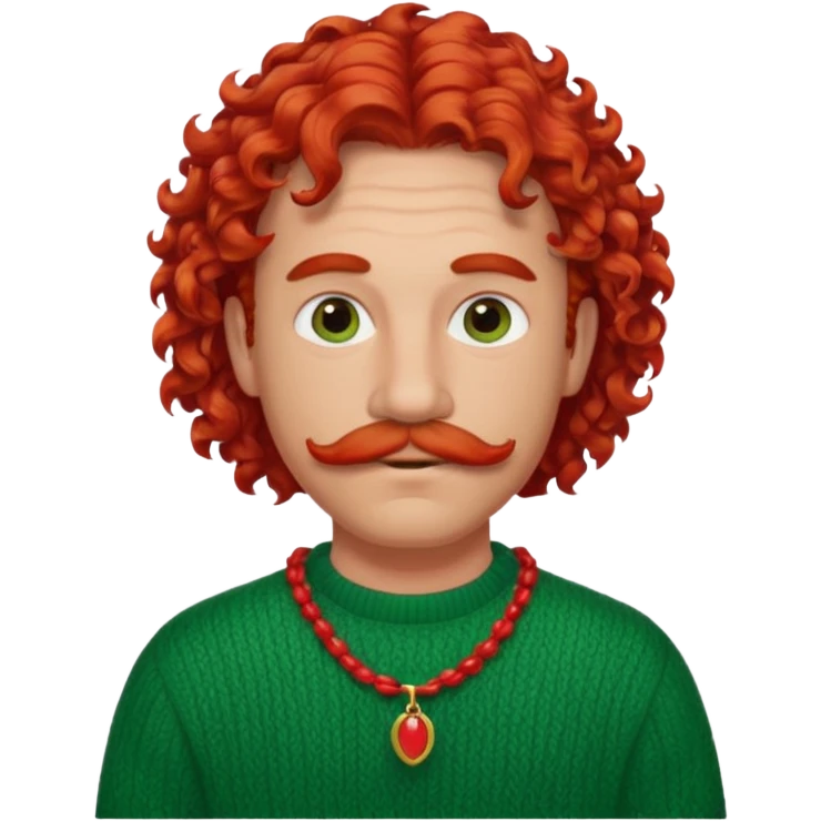 good-looking man with curly red mullet, mustache, green sweater, red necklace emoji