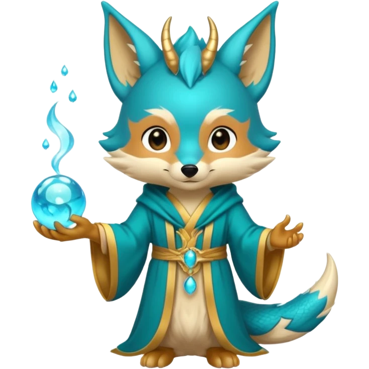 Chibi teal fox with gold mark on forehead, teal-gold robe, holding glowing blue water orbs, with a dragon tail on its backside with small antler horns on its head emoji