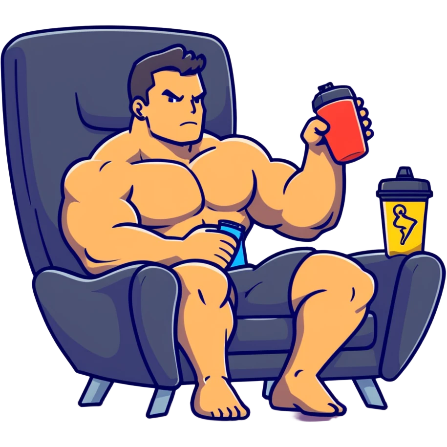 bodybuilder sitting in armchair with protein drink, relaxed muscles, next to a timer showing 48h, cartoonish sticker style emoji