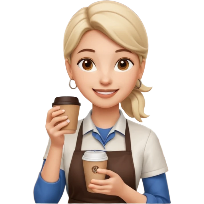 female barista portrait, head and shoulders only, wearing coffee shop apron collar, holding a takeaway cup near face, warm friendly smile, cozy cafe vibe, 3D cartoon, mobile game icon style, clean background, no text, no watermark
 emoji
