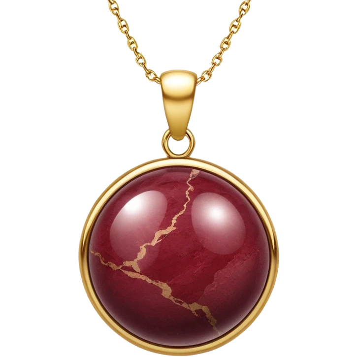 A polished round ball wine granite pendant suspended from a delicate gold chain, like a drop of enchanted starlight, glowing with the warmth of passion and the quiet power of transformation ethereal emoji