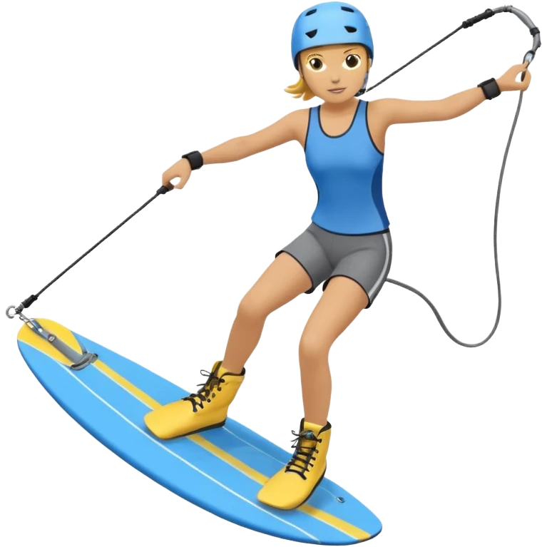 A person wakeboarding with one leg forward, the other bent for balance, leaning slightly back while holding a tow rope. Wearing a blue top, black shorts, gray boots, on a yellow board with small water splashes below. emoji