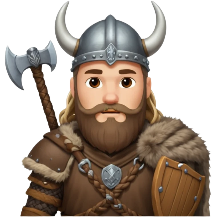 A tall Viking with braided beard, fur cloak, and heavy axe resting on his shoulder with horned helmet emoji