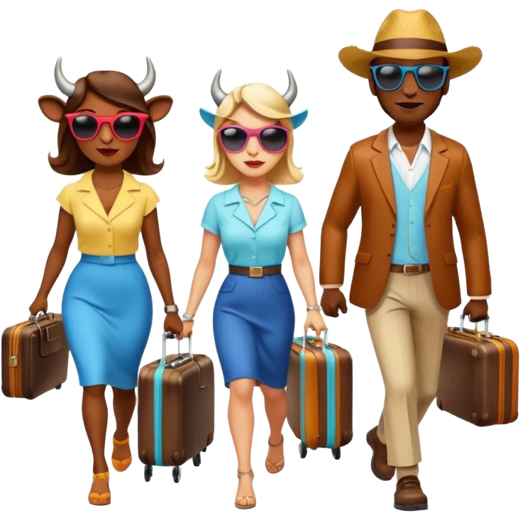 generate an emoji of a group of up to 8 male and female bulls travelling together on holidays. One bull has a suitcase, one has sunglasses, one is carrying a cocktail. They're all in motion, walking together. Make the characters look like bulls. They wear summer clothes. Suitcases are colourful emoji