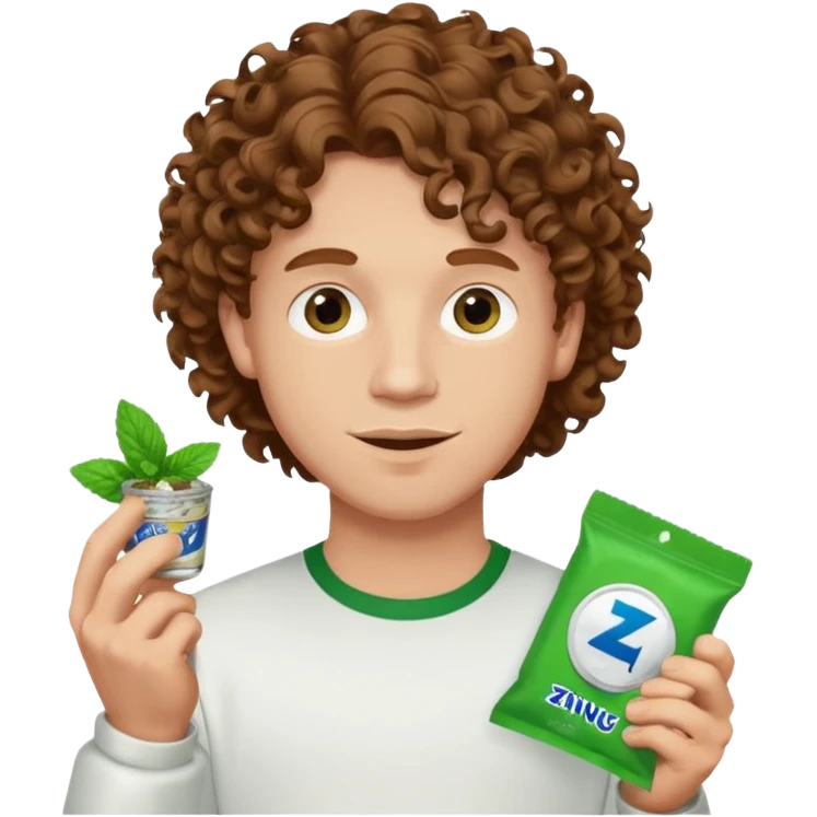 White Man with pretty Curley brown hairholding Zyn spearmint snus emoji