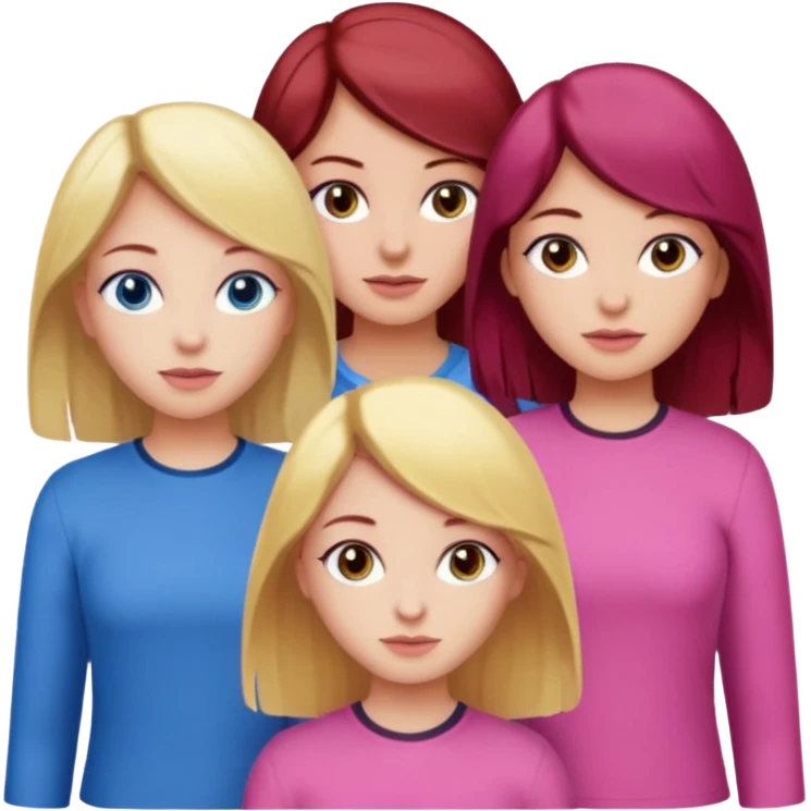 Three girls, one dark red hair with hazel eyes, one blonde with blue eyed and one with black hair and brown eyes, all wear pink emoji