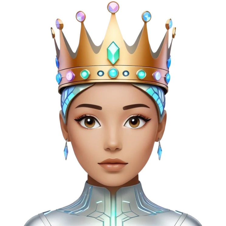 A stylish modern person wearing a futuristic digital crown made of glowing circuits and holographic elements. The crown has a clear, elegant space in the center front for placing a logo. The person is dressed in sleek, high-tech fashion with minimalistic details.  emoji