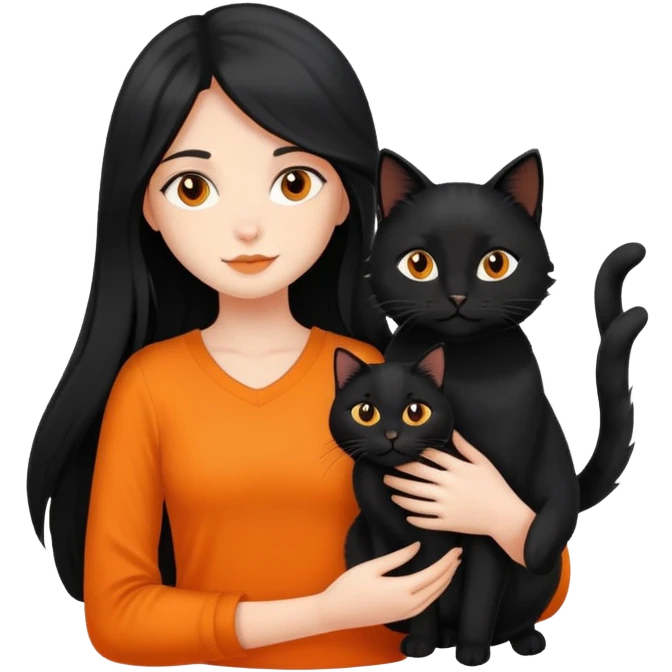 A black long haired girl holding a black cat and an orange long haired cat emoji