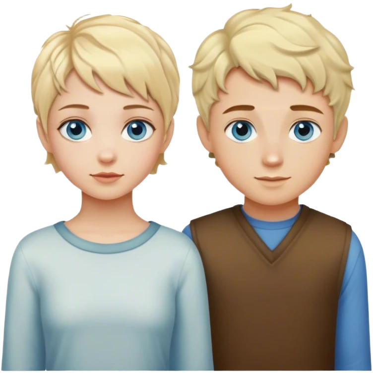 Girl with pixie cut wavy hair and blue eyes and a boy with blond hair and hazel eyes emoji