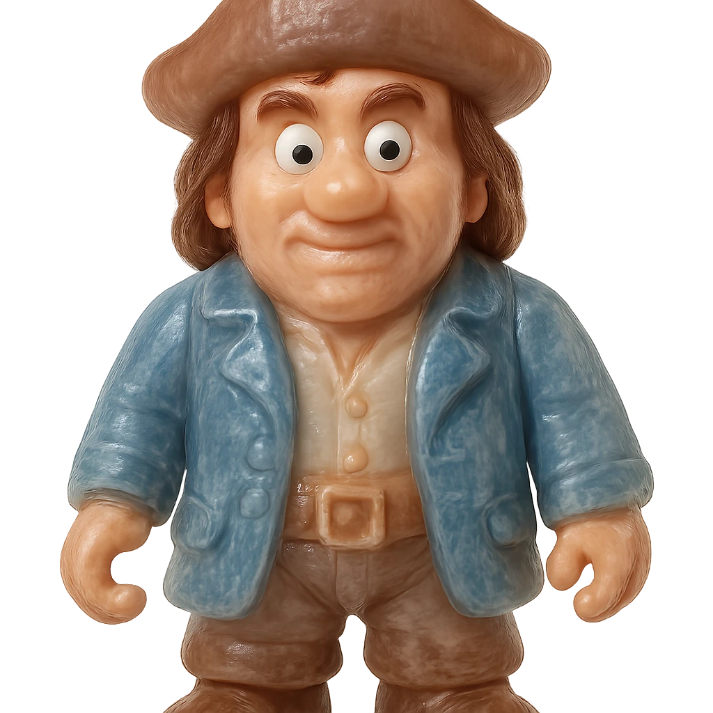 hyper-detailed retro 90's toy style pirate, very transparent, natural skin tone, brown hair, blue coat, soft plastic, derpy eyes, soft reflections, soft and squishy, some cloudiness, not shiny, highly detailed, appealing, no tag, no background emoji