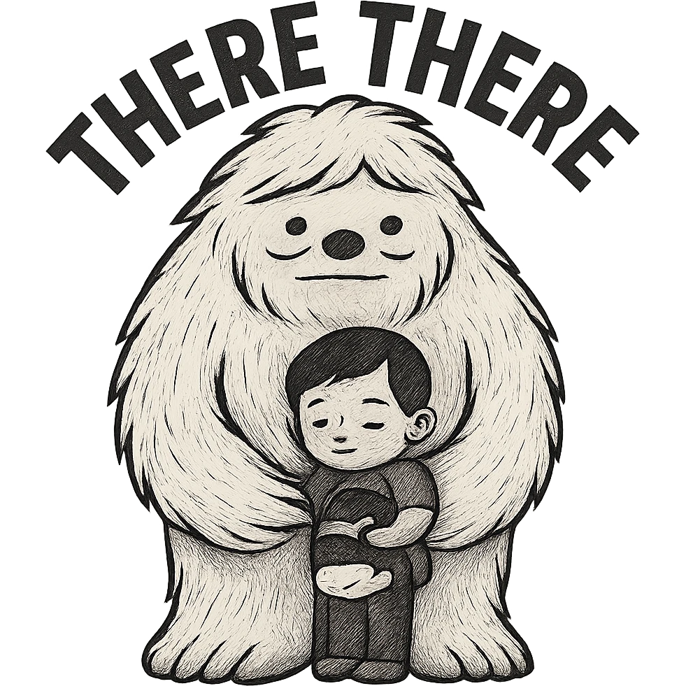Make the child even smaller and have the Abominable Snowman facing forward, keep the background transparent and preserve the 'there there' text through the head. The style is a transparent background illustration with visible text 'there there' through the head. emoji