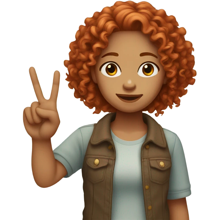 A curly red headed girl light skin with long hair and a middle part doing a peace sign with her hands emoji