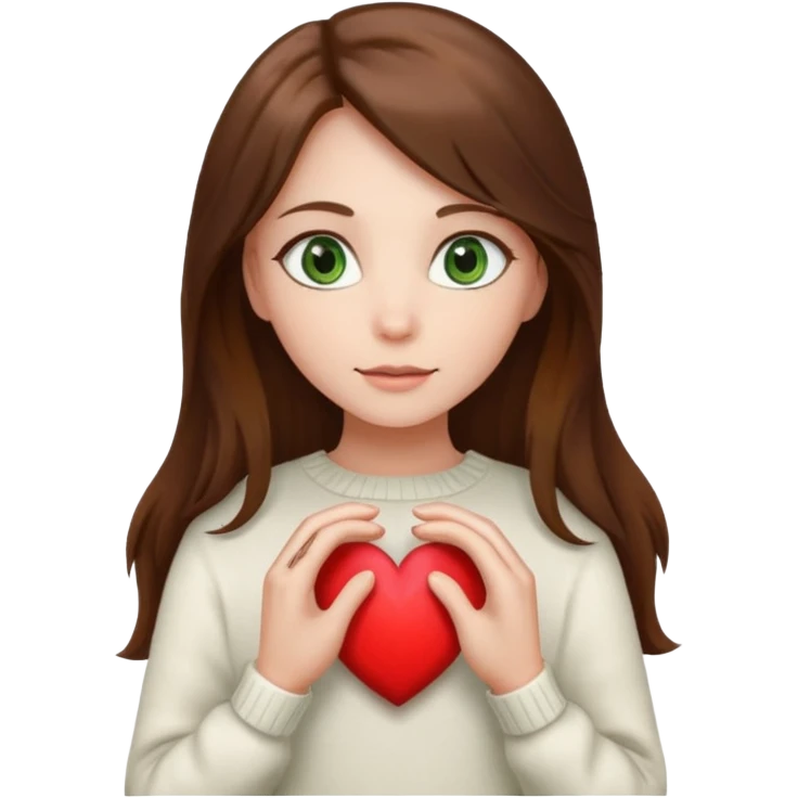 Girl green eyes brown long hair white warm sweater showing heart with her hands emoji
