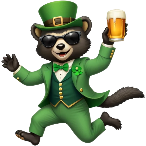 friendly anthropomorphised honey badger in a classic leprechaun suit with shamrock accessories, wearing sunglasses, jumping, St. Patrick's Day, no beer emoji