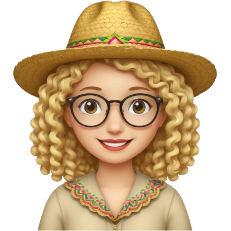 blonde girl with curly hair and glasses with a Mexican hat emoji