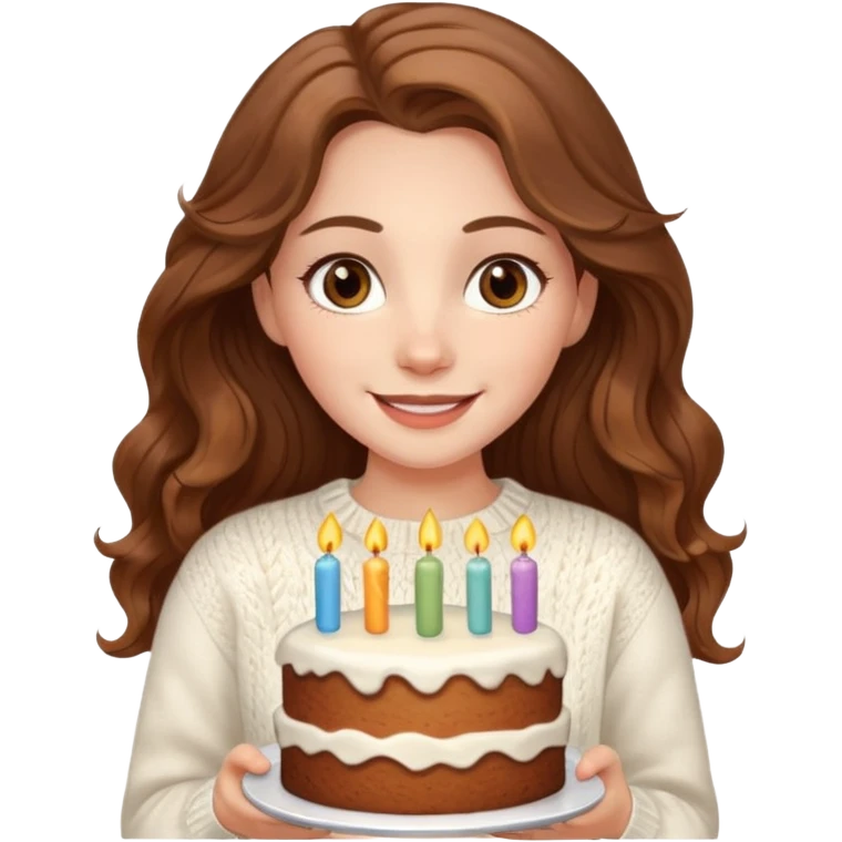 A pretty white girl with hazel brown eyes and long brown wavy hair in a cosy white knit sweater, she is celebrating her birthday and is happy emoji