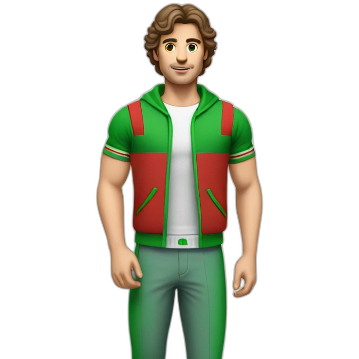 retro 70s red and green gym clothes for a modern white brunette uni male student emoji