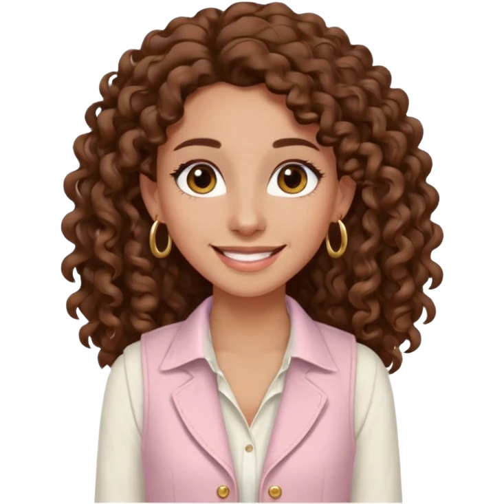 mujer un poco morena (no demasiado), pelo rizado largo, sonriendo, con ojos grandes y marrones con camisa rosa palo y un chaleco blanco y aretes dorados en forma de circulo en sus orejas  emoji