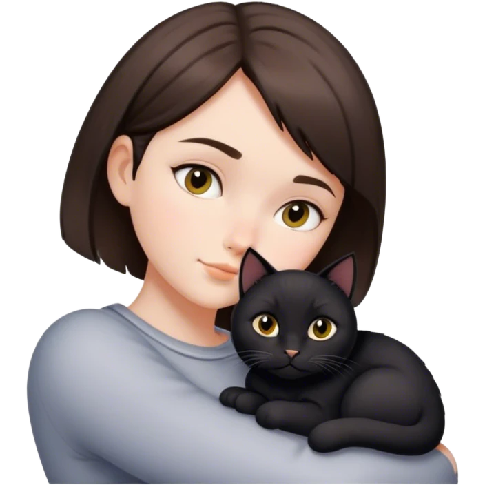 While girl with short brunette hair snuggling black cat emoji