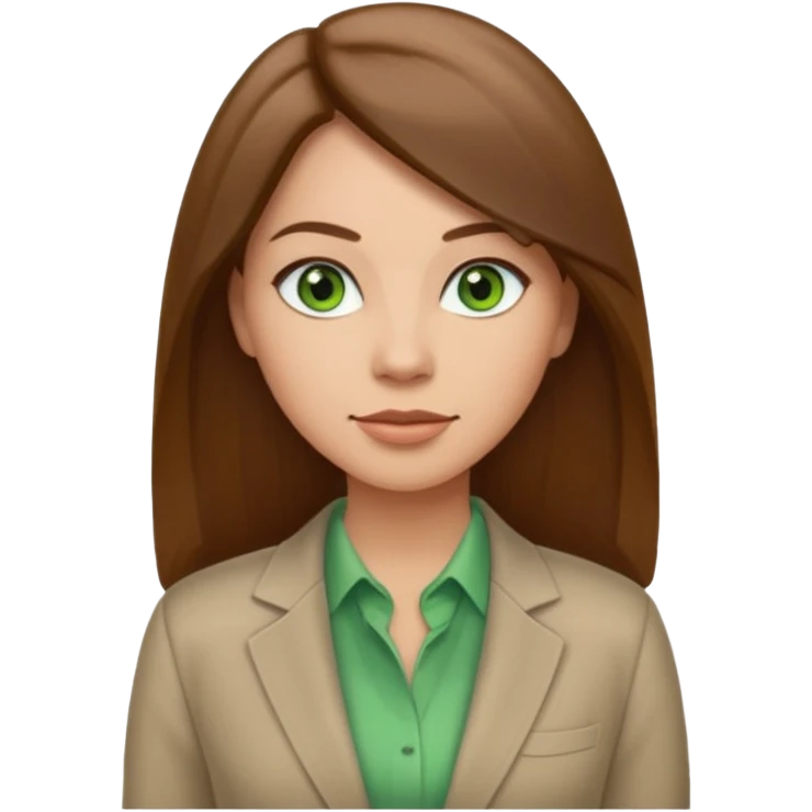 Adult woman avatar, light skin tone, oval face, straight long brown hair, green eyes, neutral mouth, business casual  emoji