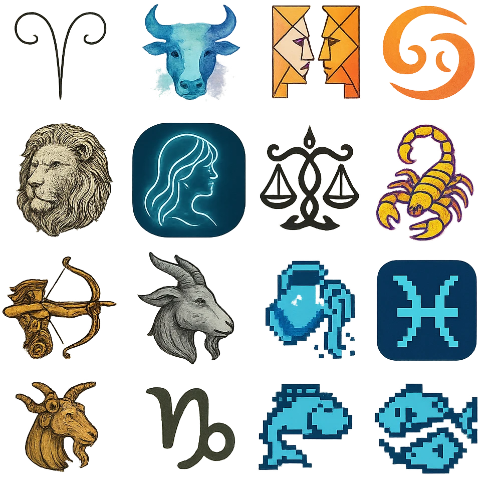 zodiac sign icons, each one unique style, variety of artistic styles emoji