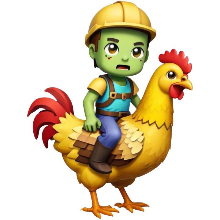 Create a cute and detailed emoji-style image of a Minecraft chicken jockey. A baby zombie riding on a chicken, both with simplified, expressive faces and bright colors. Keep the pixel art or cartoon style compact and readable at small sizes, like an emoji. emoji