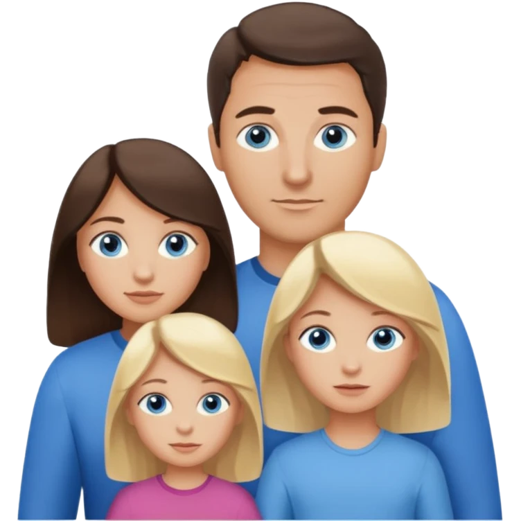 Family portrait with father with dark brown hair and blue eyes, mother with light brown hair and blue eyes, three blonde little girls with blue eyes emoji