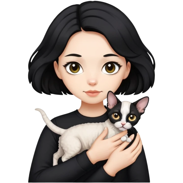 a  girl with black long hair with a white devon rex with black shirt emoji