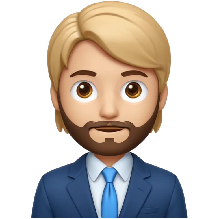 Emoji 3D estilo Apple de um jovem com pele clara, cabelo castanho claro, olhos castanho escuro, barba rala, sorrindo, de blazer elegante e brinco prateado. emoji