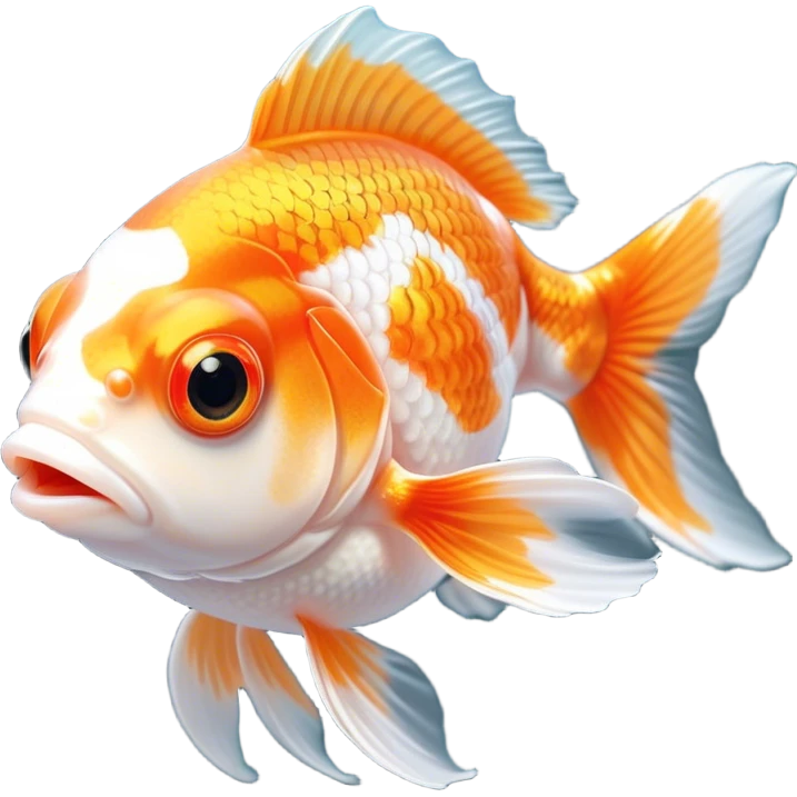 Cinematic Cute Orange and White Goldfish Portrait Emoji, Head tilted playfully and inquisitively, featuring a glossy, vibrant body adorned with a striking mix of orange and white, round, sparkling golden eyes filled with curiosity, Simplified yet irresistibly adorable features, highly detailed, glowing with a warm, friendly glow, high shine, affectionate and lively, stylized with a touch of whimsy, bright and endearing, soft glowing outline, capturing the essence of a mischievous yet loving goldfish, so playful it feels like it could swim out of the screen and into your heart! emoji