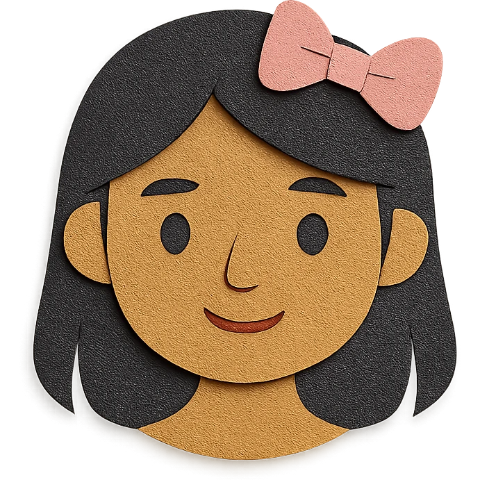 aesthetic portrait of a Sri Lankan girl with dark-ish but light skin, black hair, dark brown eyes, button nose, cute pink bow emoji