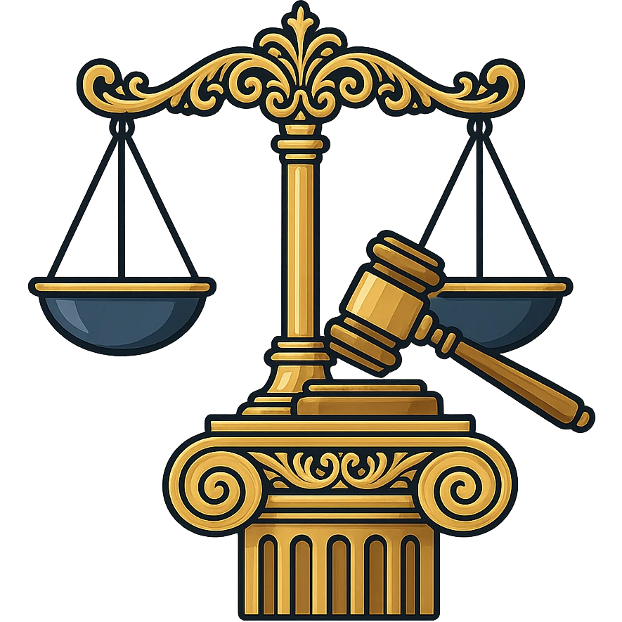 Vector illustration of a classic symbol of law (e.g. scales of justice, gavel, courthouse column), designed with elegant and refined lines. Include intricate golden detailing, soft gradients for a polished metallic look, and realistic shadows and highlights for depth. Style should be clean and professional, with a modern yet timeless feel. Transparent background emoji