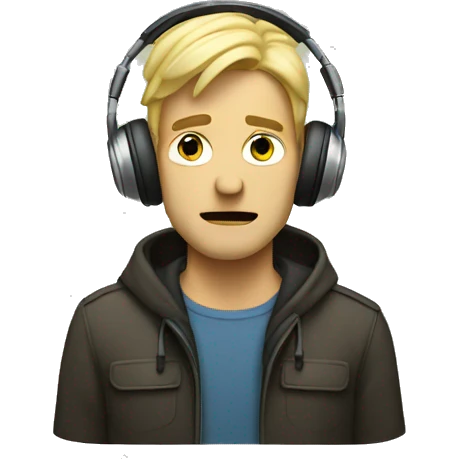 a blonde man listening to music with a sad face emoji