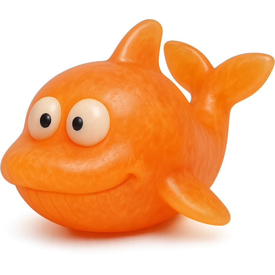 hyper-detailed retro 90's toy style bright orange semi-transparent soft plastic whale with derpy eyes soft reflections soft and squishy some cloudiness not shiny highly detailed appealing no tag no background emoji