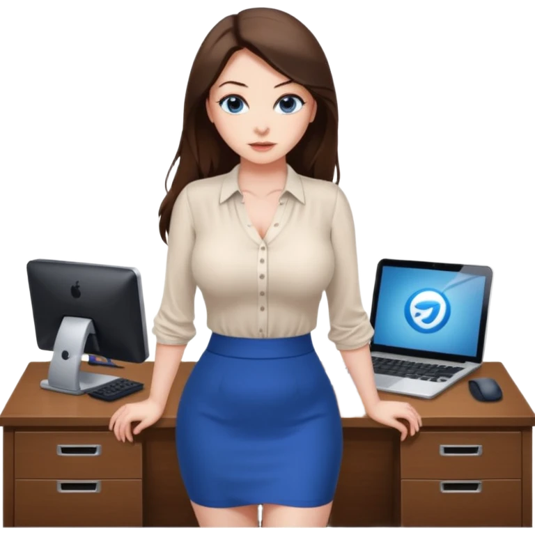 sexy woman brunette, very large breasts, pale skin, blue eyes, long brown hair, tight white blouse, short black skirt. office.  emoji