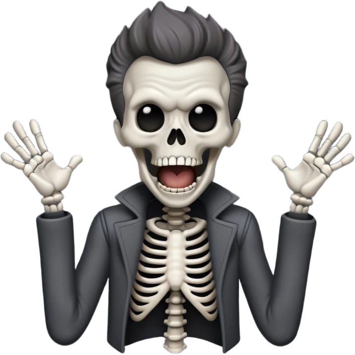 Skeleton Rick Astley screaming, but he has human ears, he still has his clothes, the background is a blackish-gray color, and Rick Astley is a dark gray color emoji