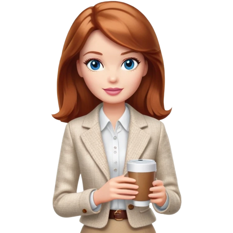 A Barbie girl with blue eyes, shoulder-length reddish-brown hair, made-up, wearing a white tweed jacket and a beige skirt, with a glass of coffee in her hands emoji