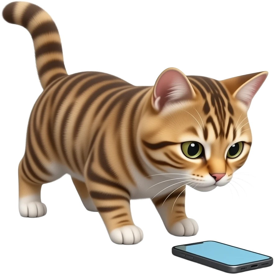 Glossy 3D rendered realistic cat emoji on all fours, detailed fur and features, side profile, looking at a smartphone on the ground in front of it, slightly rounded edges, soft shading, white background emoji